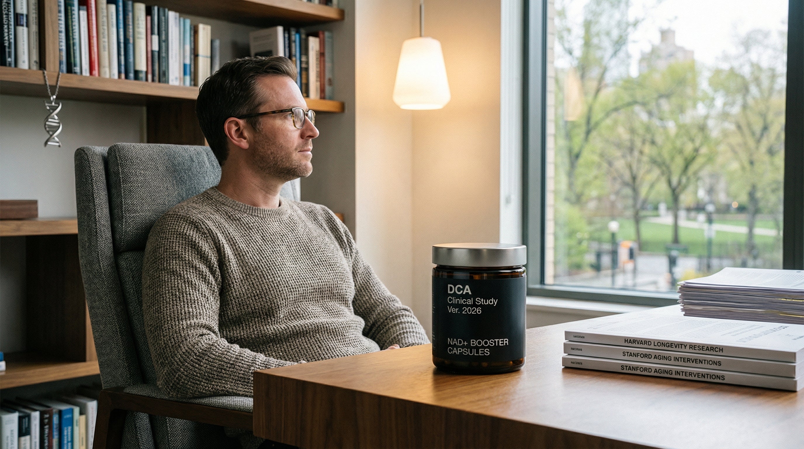 A premium lifestyle photograph for Don't Cry Age - Premium Anti-Aging Supplements & Vitamins, a science-backed anti-aging supplement brand. A sophisticated middle-aged man sits at a wooden desk, looking thoughtfully towards a window. Prominently displayed is a bottle of DCA NAD+ Booster Capsules, placed next to scientific journals on Harvard Longevity Research and Stanford Aging Interventions, emphasizing the brand's focus on advanced cellular health.