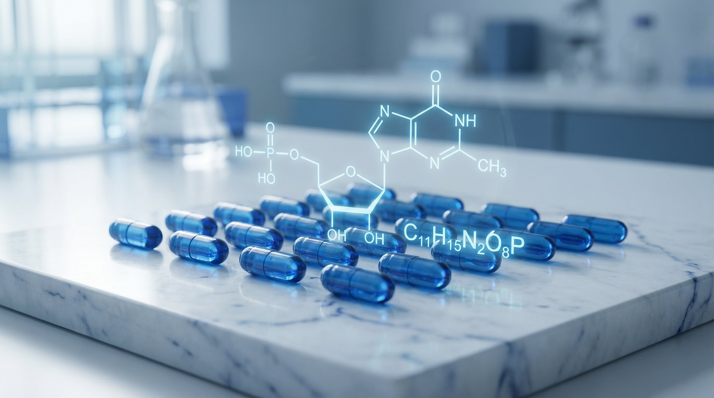 A scientific clinical-style photograph from Don't Cry Age - Premium Anti-Aging Supplements & Vitamins, a premium health-functional food and supplement store. It shows blue NMN supplement capsules on a marble surface, overlaid with a graphic of the NMN molecular structure and the chemical formula (C₁₁H₁₅N₂O₈P), highlighting the advanced formulation.